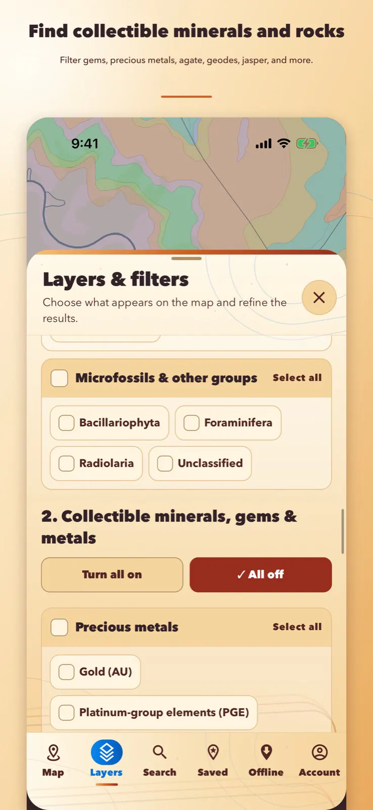 LithoMap filters for collectible minerals, gems, metals, and rocks