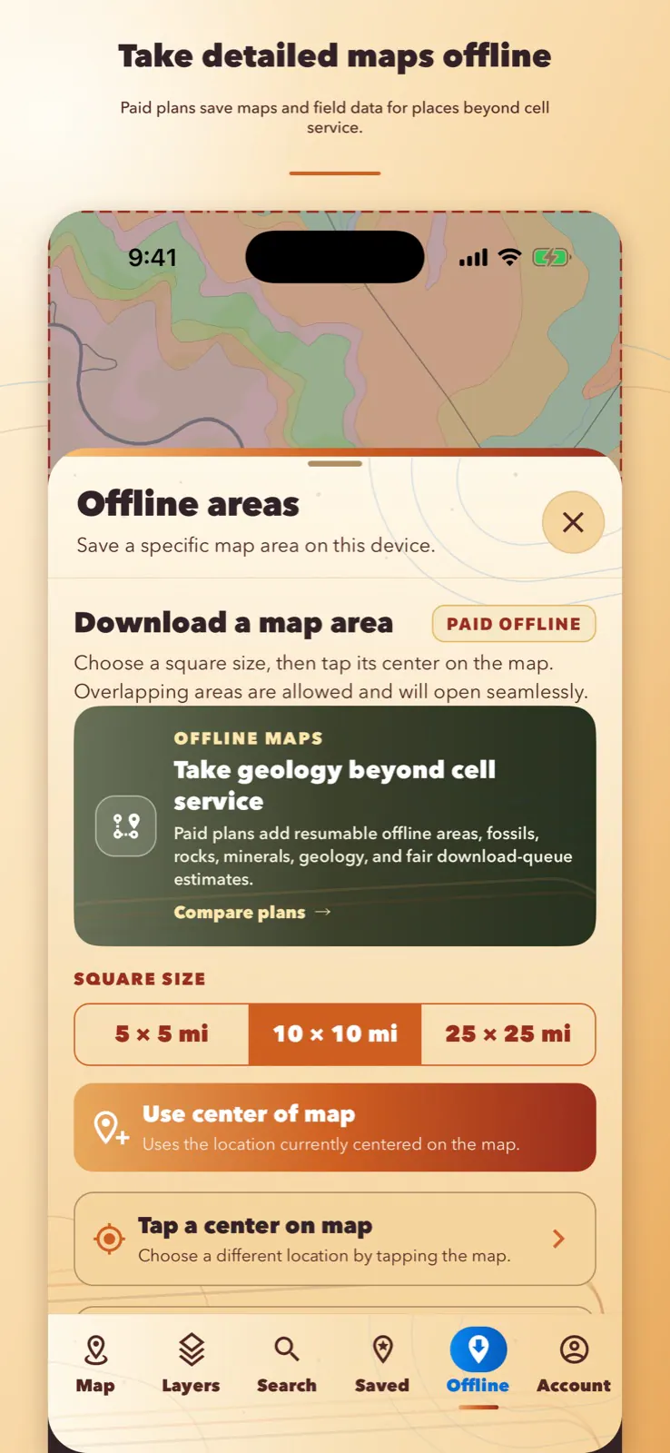 LithoMap offline area controls showing map size, location, and download information