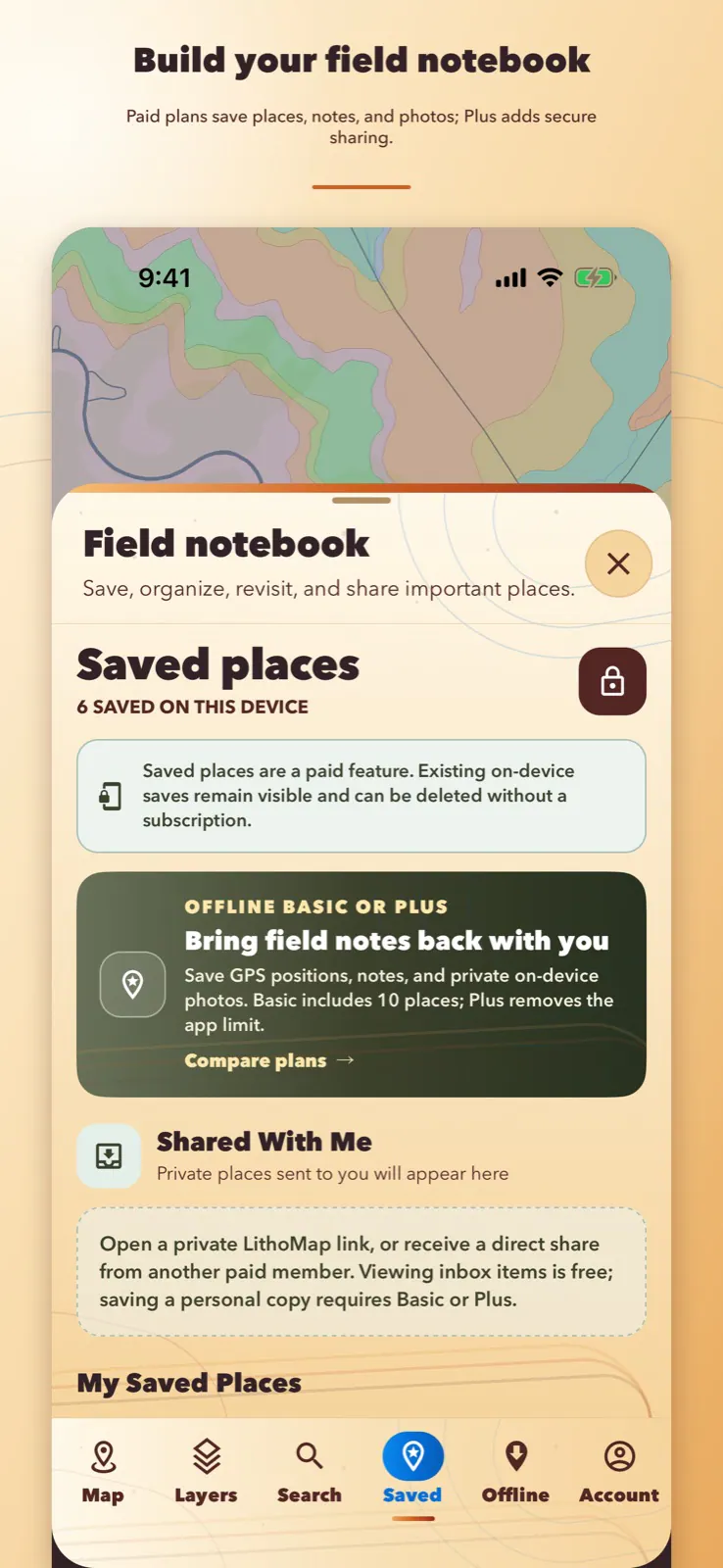 LithoMap Saved Places and Shared With Me screen