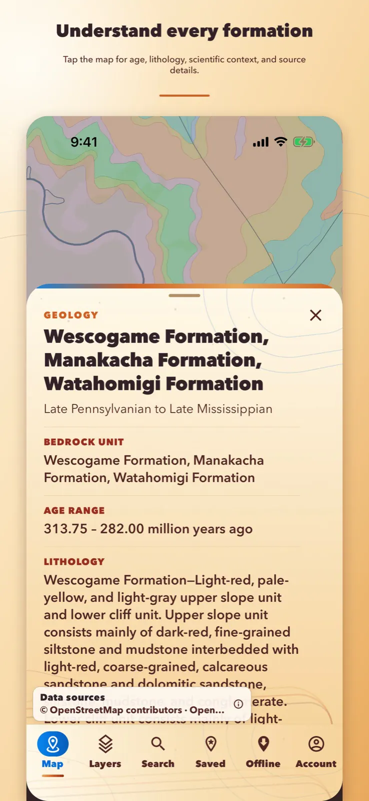 LithoMap formation detail showing age, lithology, and source information