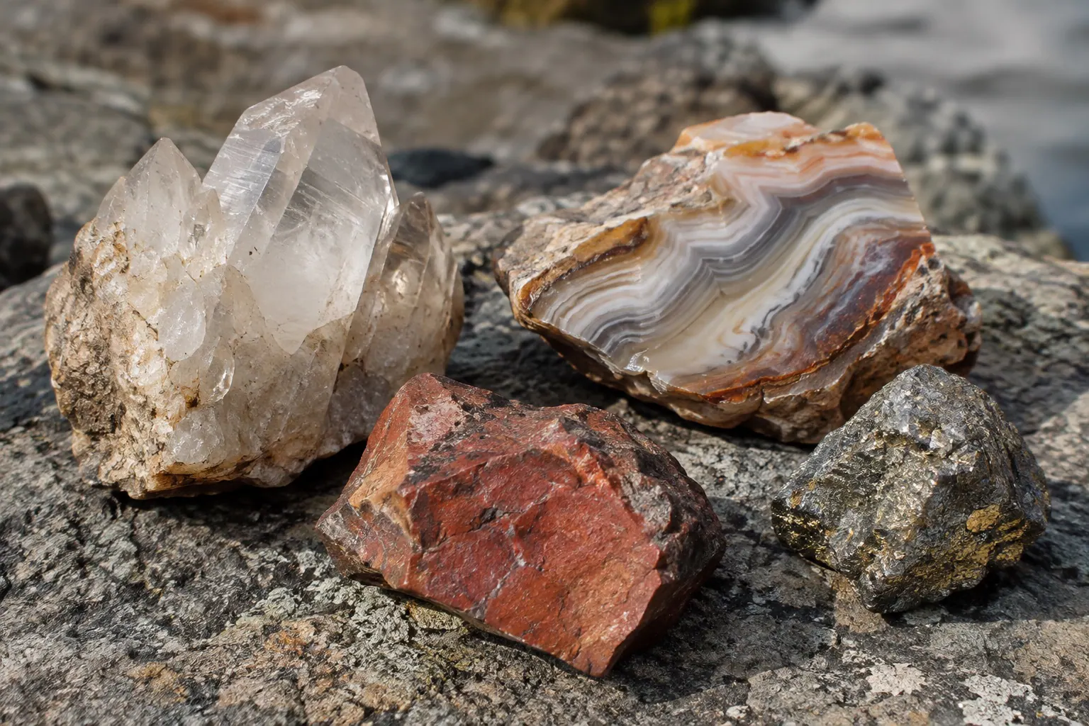Natural unpolished quartz, agate, jasper, and metallic mineral specimens