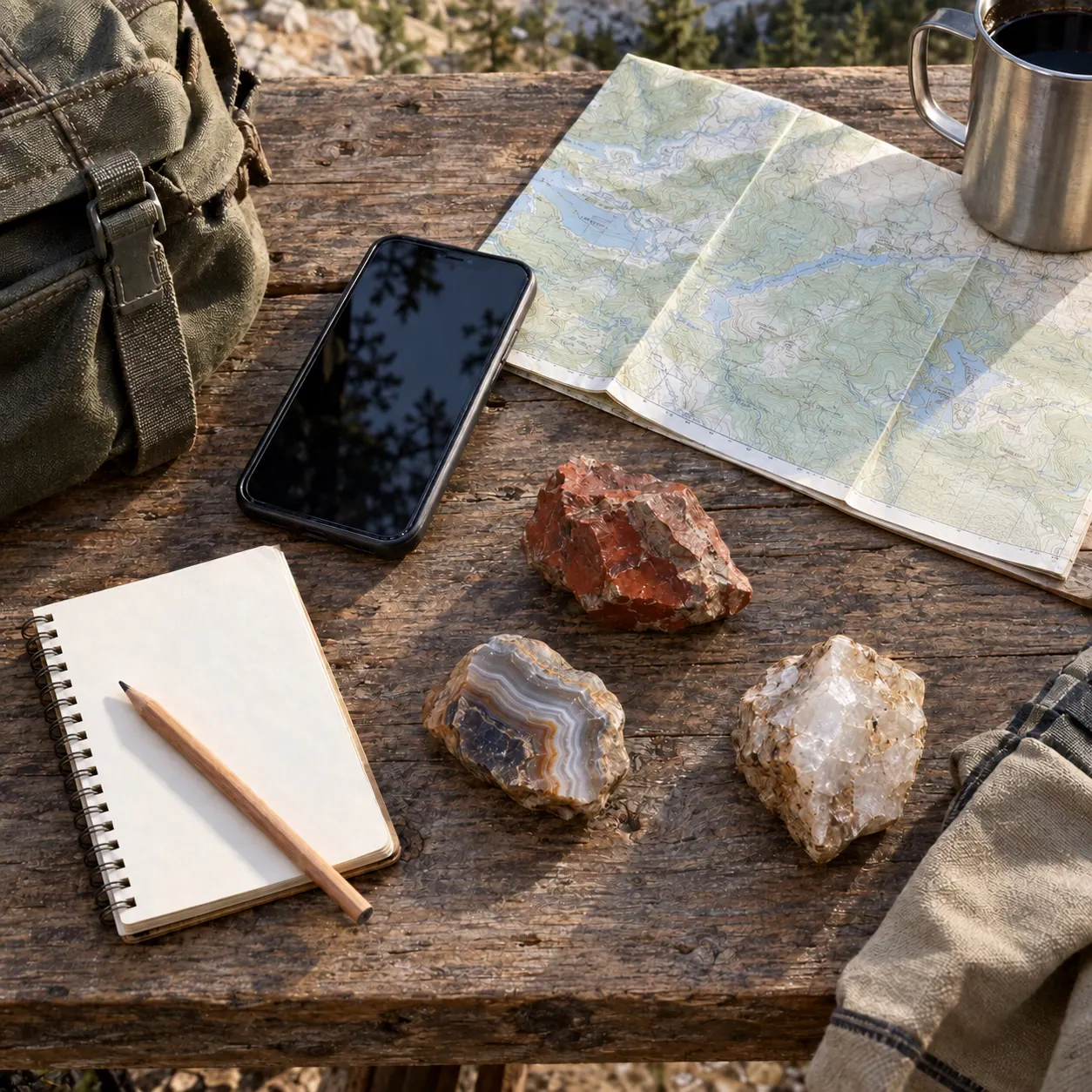 Field kit with a phone, paper map, notebook, and unpolished rock specimens