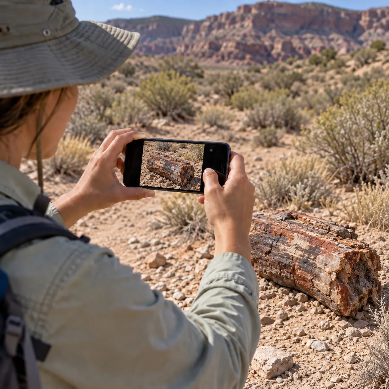 Field explorer photographing a naturally weathered petrified-wood log fragment for a private field note