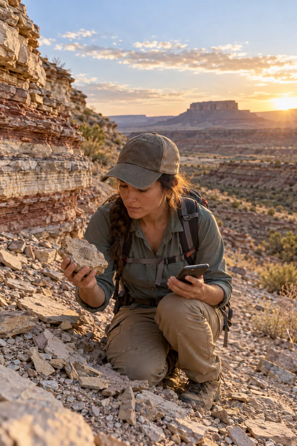 Field explorer examining a fossil impression beside a layered desert outcrop