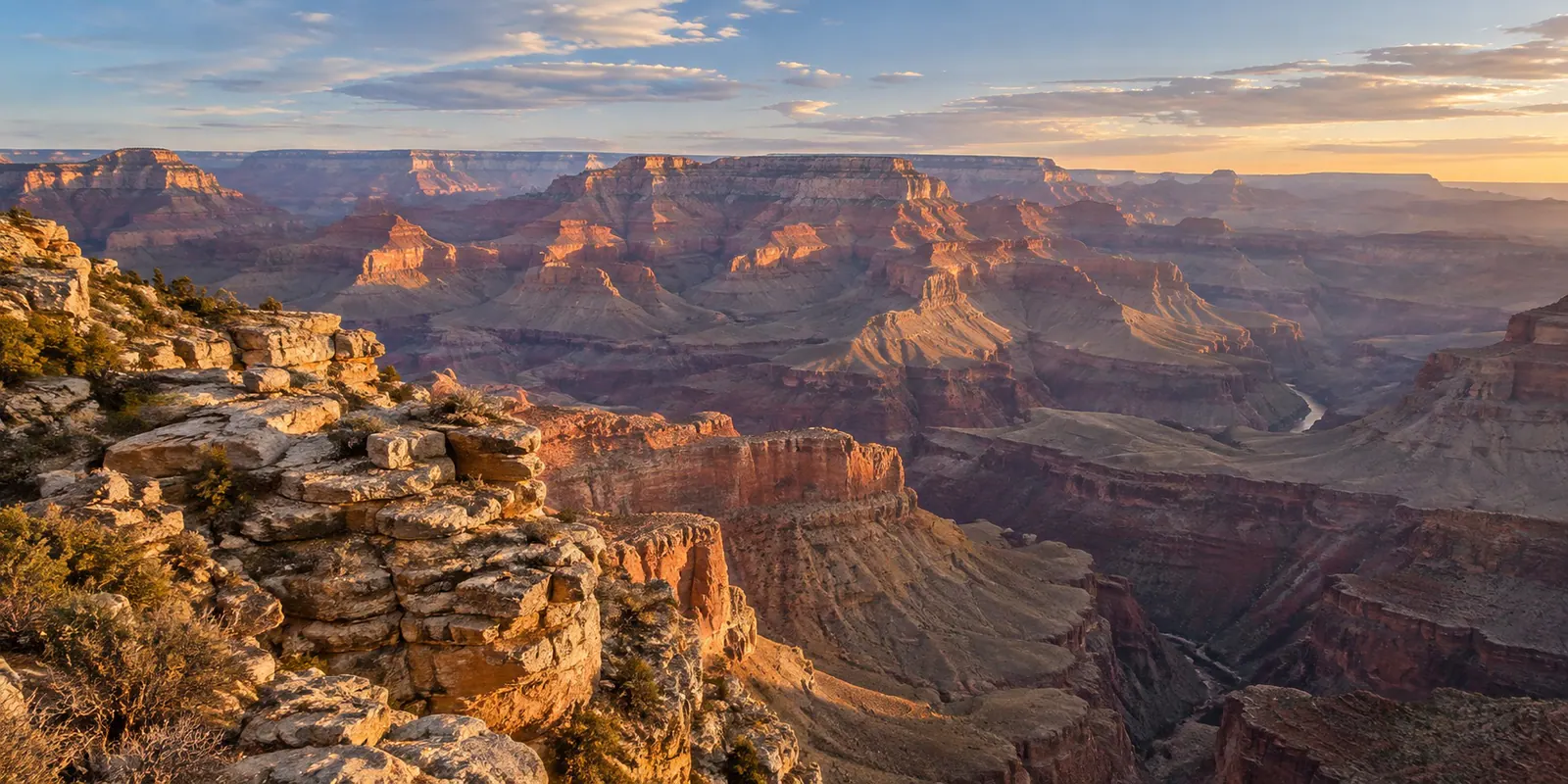 Layered Grand Canyon geology in natural early-morning light