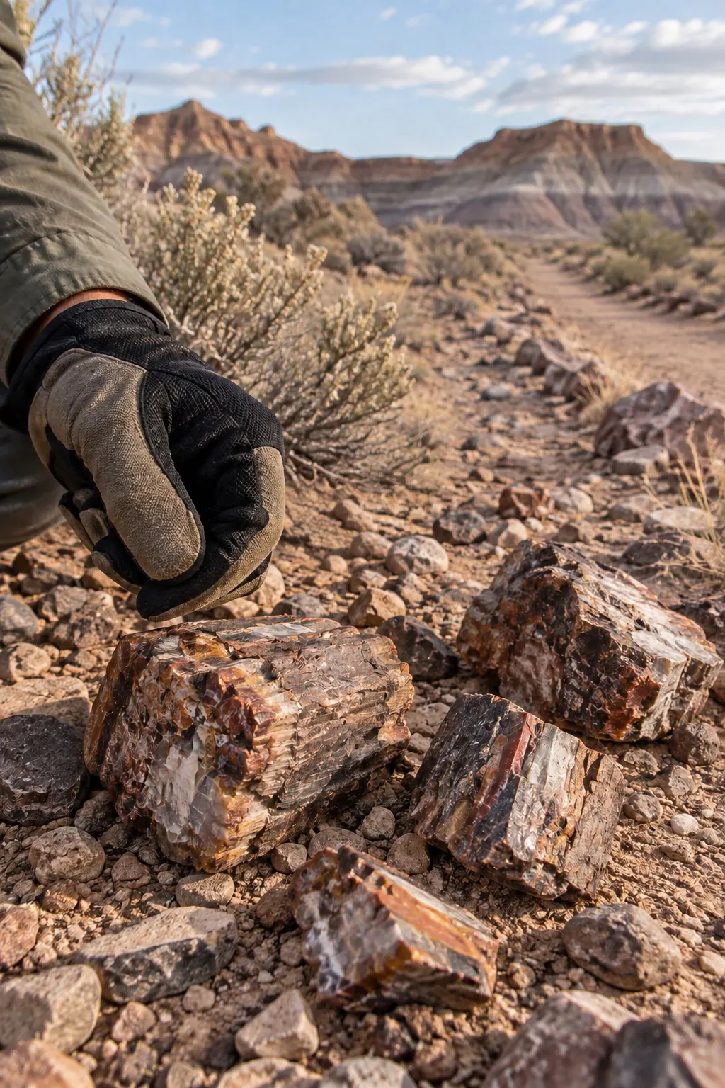 Responsible close observation of naturally weathered petrified wood beside a desert trail