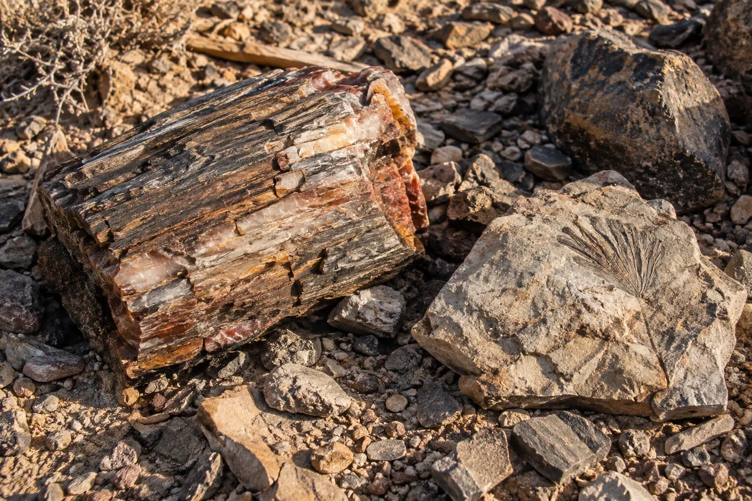 Petrified wood and a fossil-bearing rock in a natural desert field setting