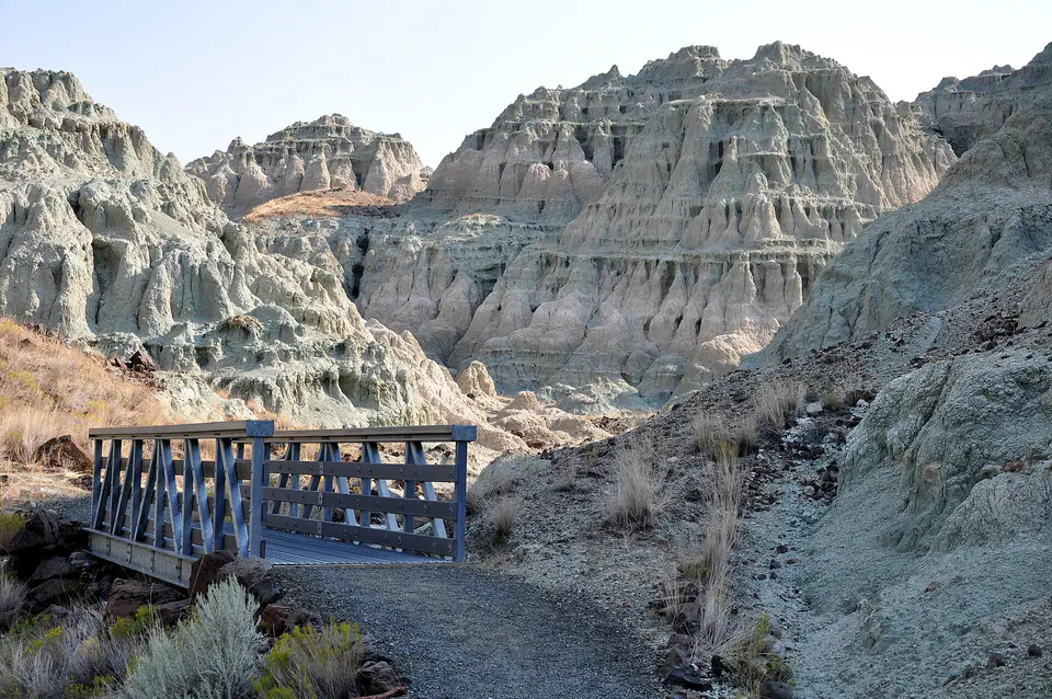 Blue-green John Day Formation badlands along the Lower Blue Basin Trail in Oregon