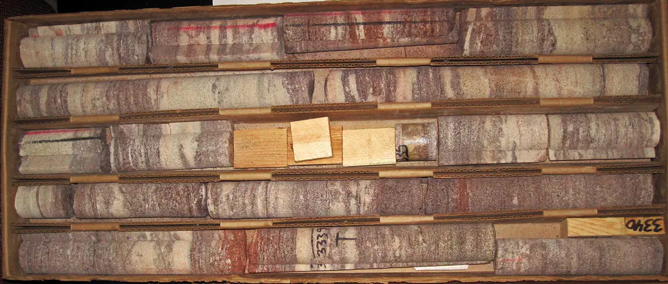 Iron-stained Mount Simon Sandstone displayed in a deep Warren County drill core from Ohio