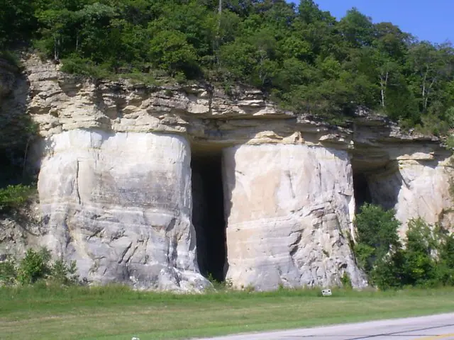 Pale St. Peter Sandstone bluff beneath Joachim Dolomite in Pacific, Missouri