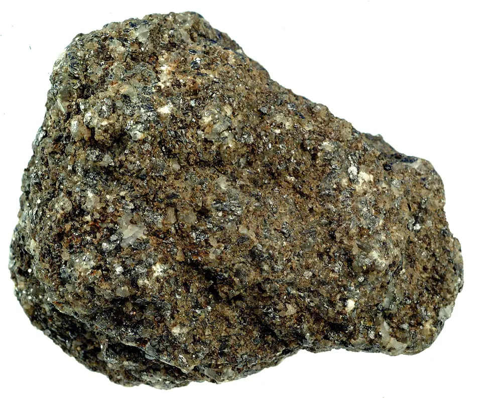 Silvery-gray graphite flakes in marble with white calcite and brown phlogopite