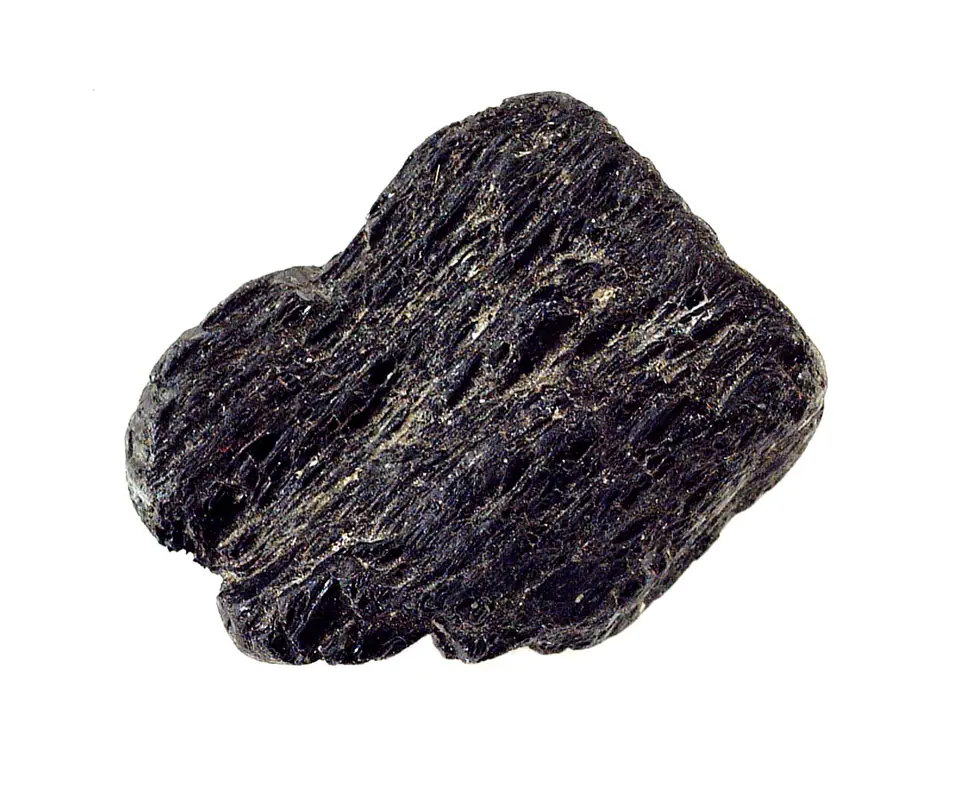 Dark hornblende amphibole hand specimen about four centimeters across from near Kragerø, Norway