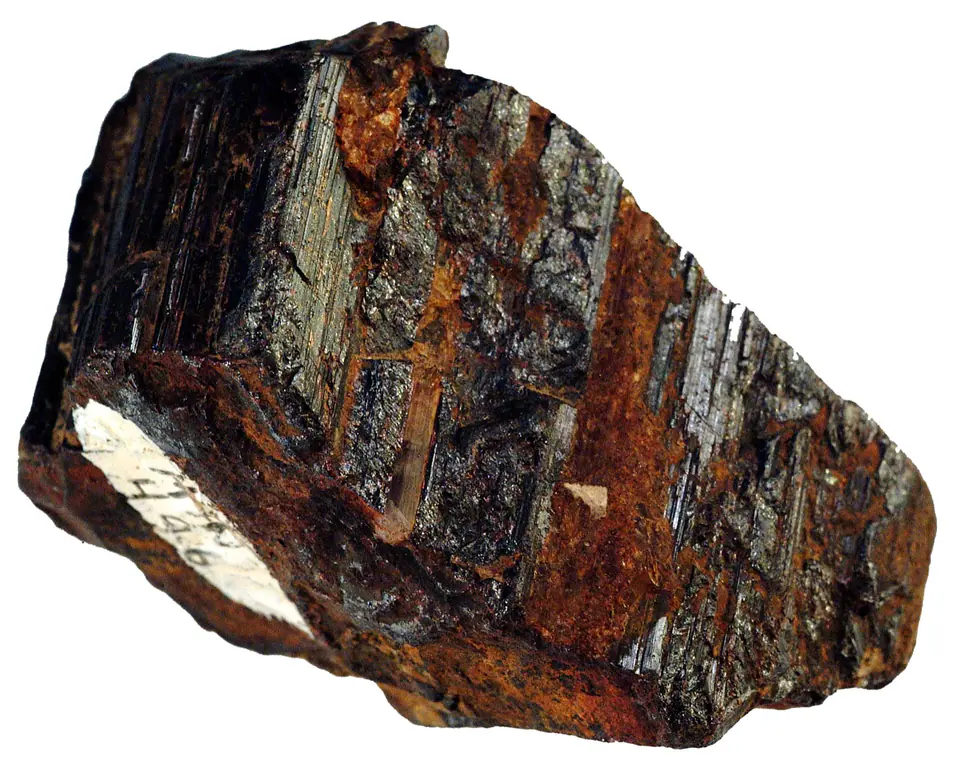 Dark reddish-brown to black striated rutile crystals in an iron-stained matrix from York, Pennsylvania