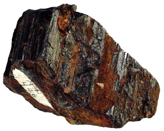 Dark reddish-brown to black striated rutile crystals in an iron-stained matrix from York, Pennsylvania