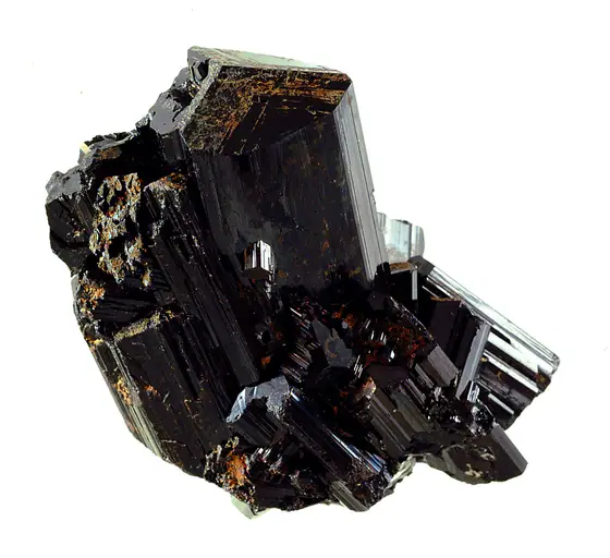 Dark prismatic tourmaline specimen about eight centimeters tall from Minas Gerais, Brazil