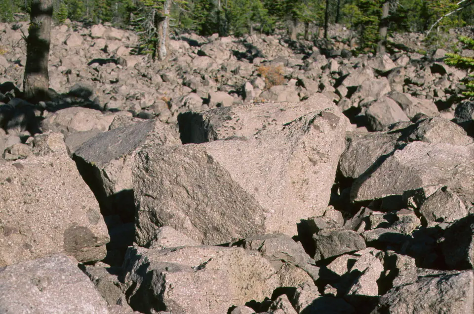 Reddish-brown andesite boulders speckled with white feldspar crystals at the Chaos Jumbles in Lassen Volcanic National Park