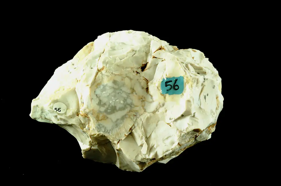 Dense light-gray chert hand specimen with smooth curved and splintery fracture surfaces