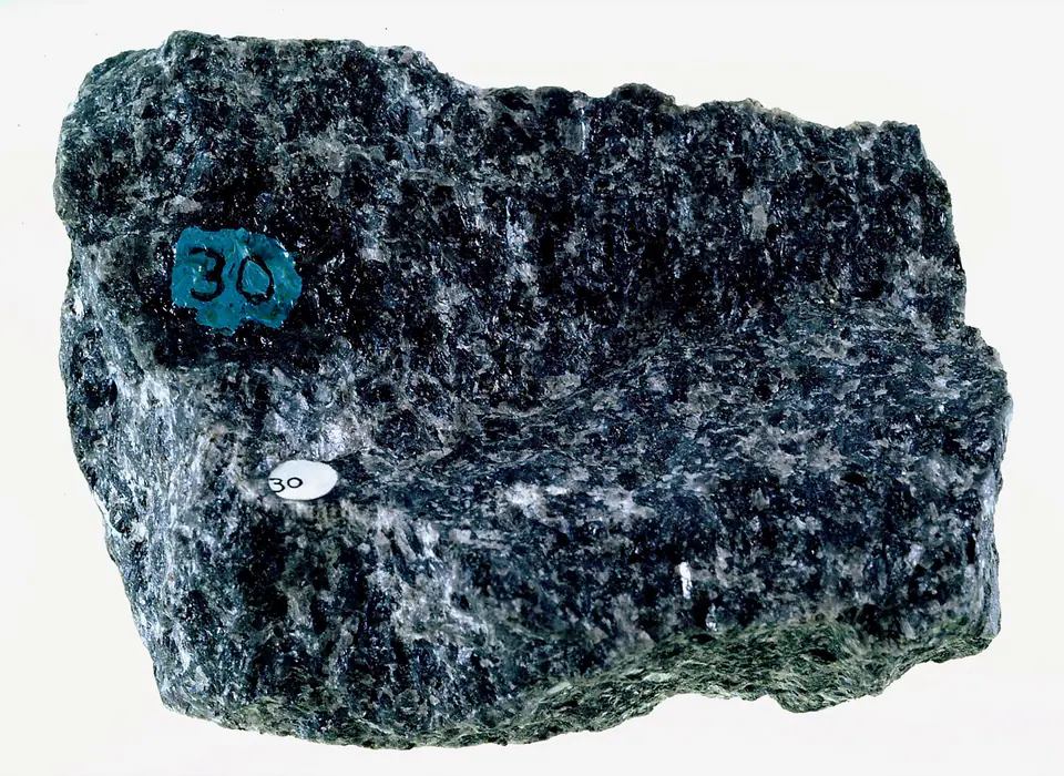 Dark-gray medium-grained gabbro with pale plagioclase and dark mafic minerals