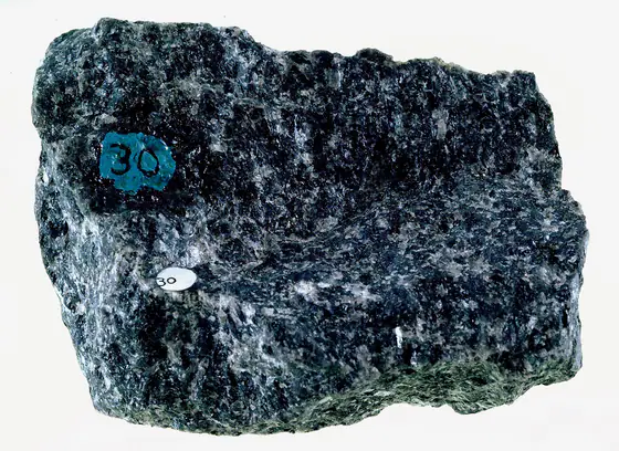 Dark-gray medium-grained gabbro with pale plagioclase and dark mafic minerals